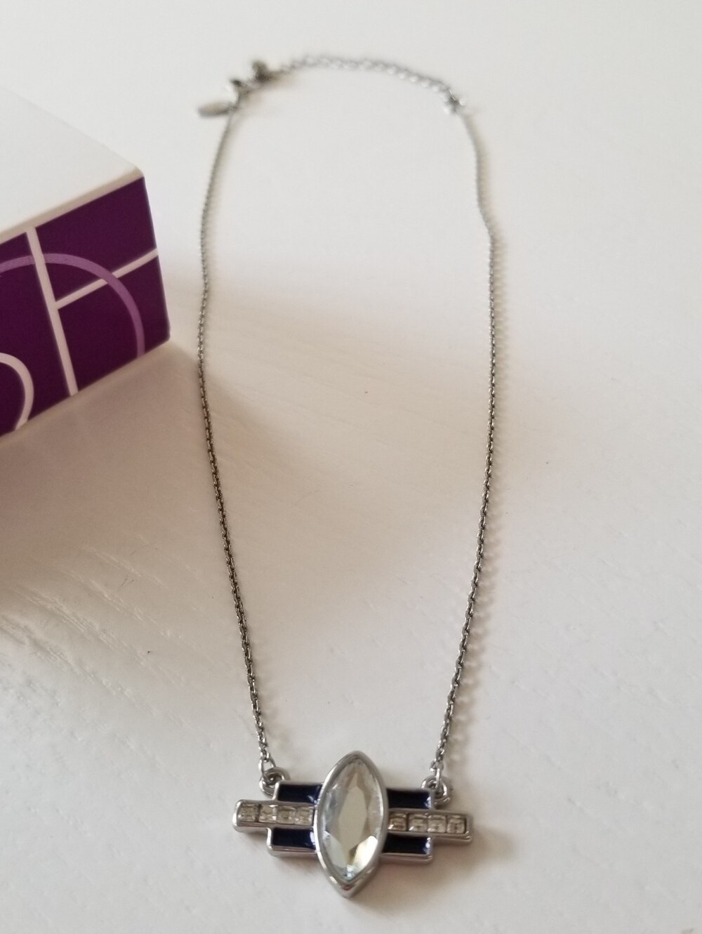 Lia Sophia Vintage Retired Navy Blue Enamel & Clear Rhinestone Necklace 16-19"